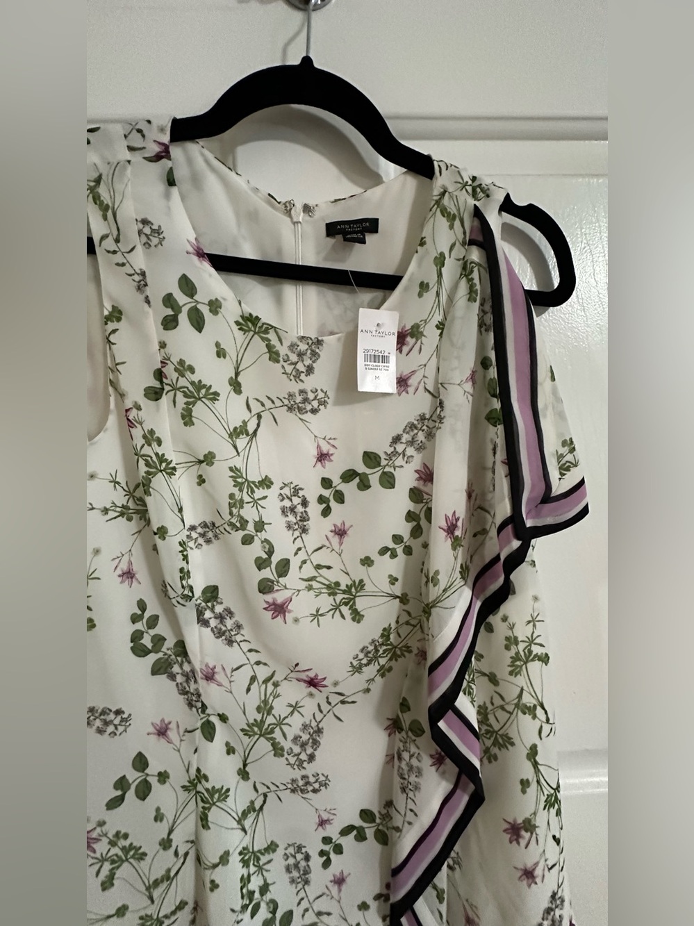 Ann Taylor Floral Ruffle Sleeve Blouse in Ivory with Green & Pink